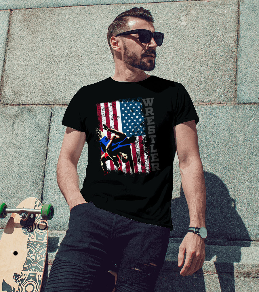 Wrestler Distressed American Flag Wrestling T-Shirt