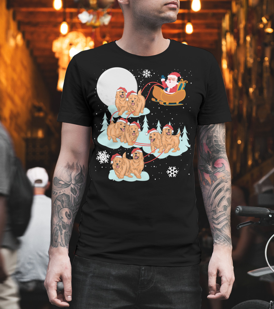 Funny Christmas Golden Retriever Santa Sleigh Holiday Scene T-Shirt