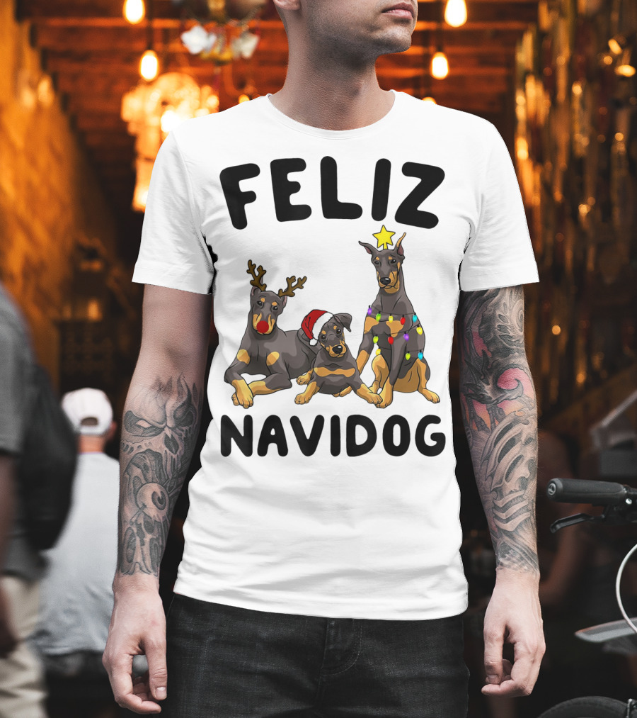 Feliz Navidog Doberman Pinscher with Reindeer Antlers Santa Hat and Christmas Lights T-Shirt