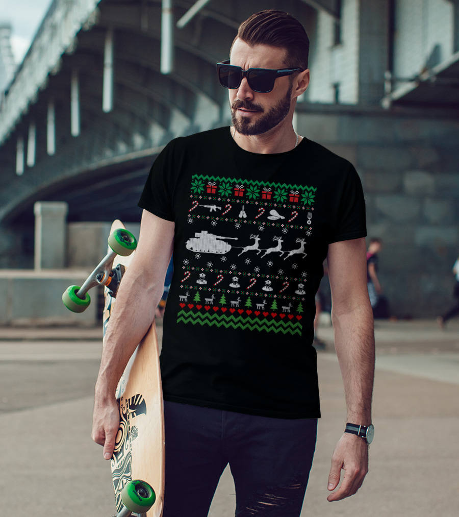 Funny Veteran Ugly Christmas Sweater With Tank Reindeer And Military Decorations T-Shirt