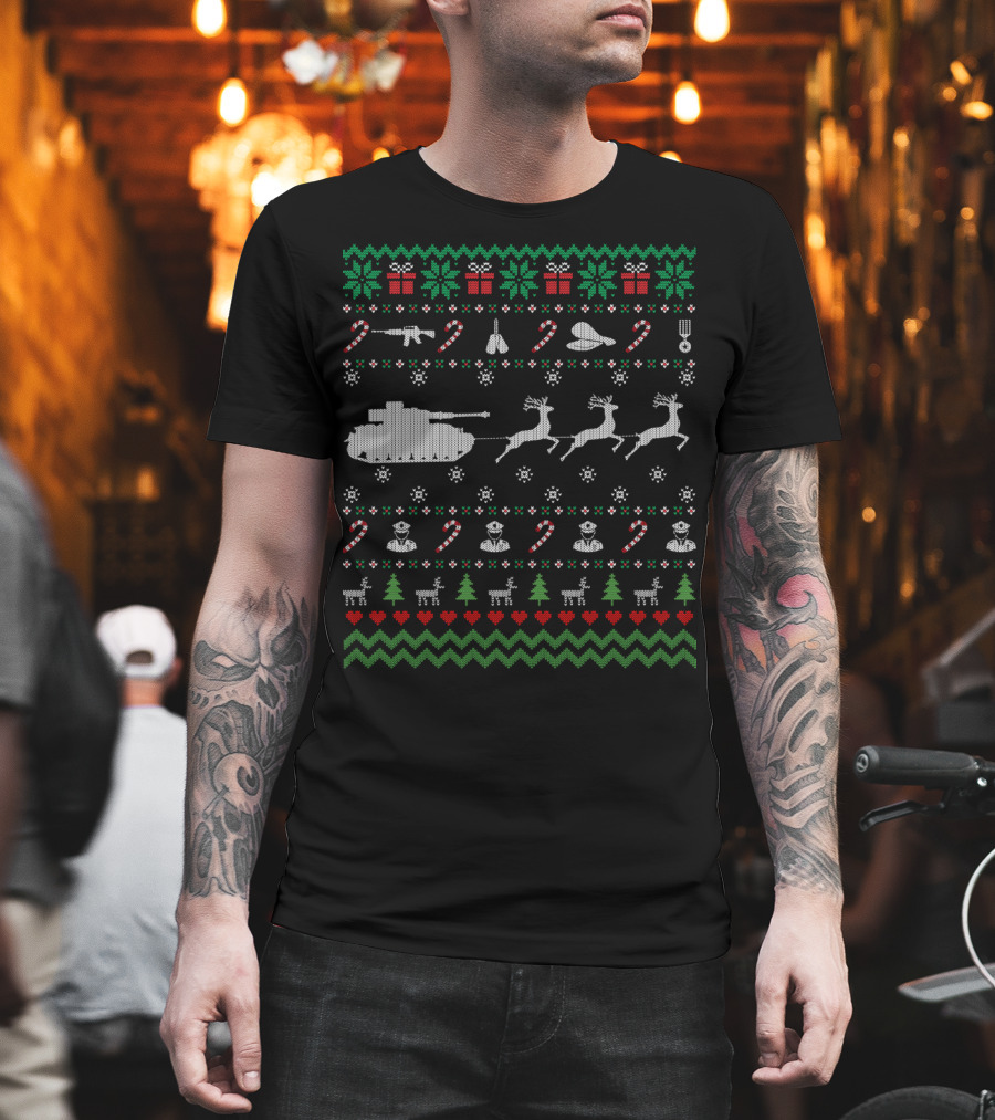 Funny Veteran Ugly Christmas Sweater with Tank Reindeer and Military Decorations T-Shirt