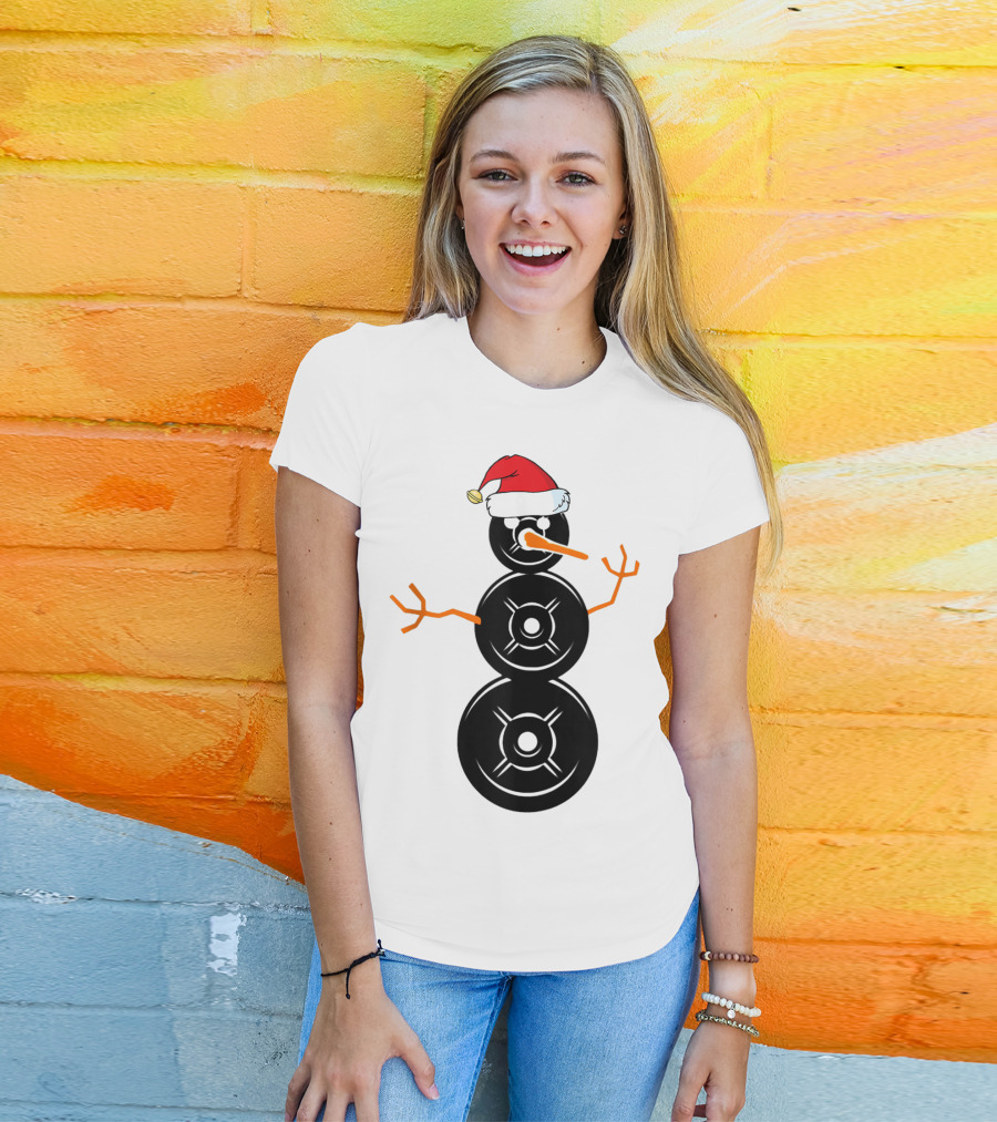 Funny Santa Hat Weightlifting Snowman Barbell T-Shirt