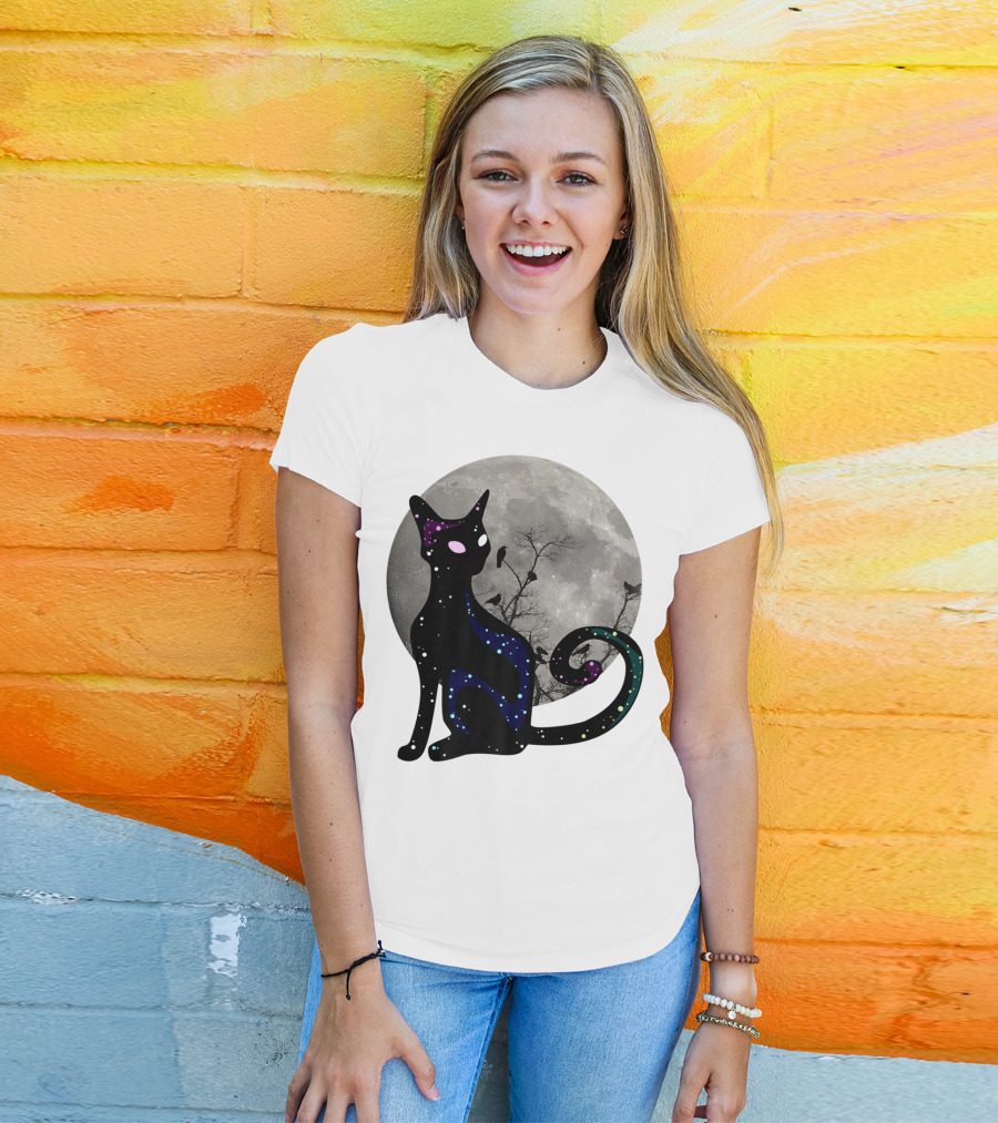 Halloween Scary Black Cat Gothic Full Moon Ravens T-Shirt
