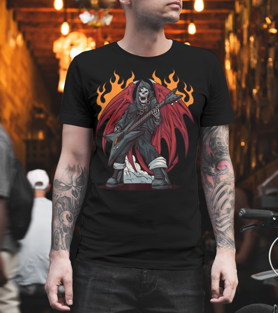 Heavy Metal Guitarist Red Winged Flaming Skull T-Shirt