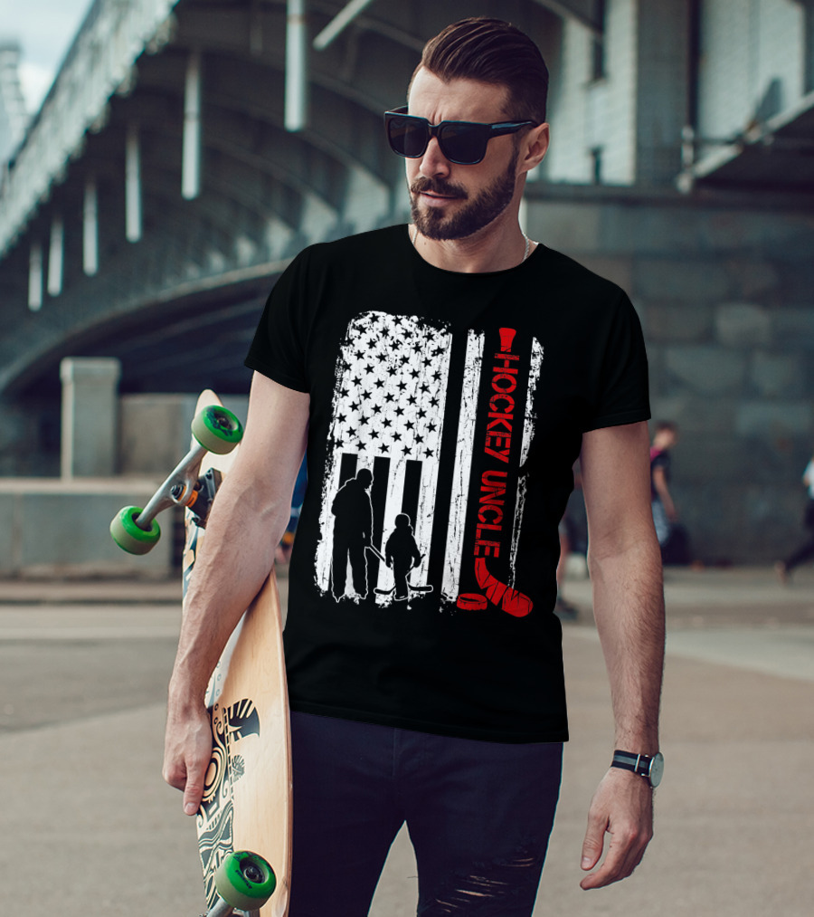 Hockey Uncle American Flag Silhouette With Stick And Player T-Shirt