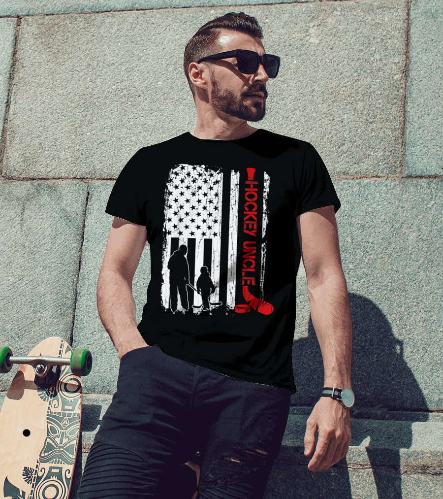 Hockey Uncle American Flag Silhouette With Stick And Player T-Shirt