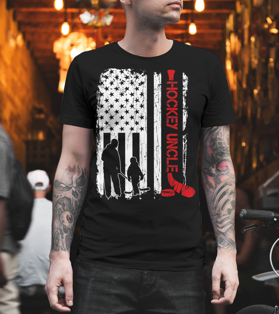 Hockey Uncle American Flag Silhouette With Stick And Player T-Shirt