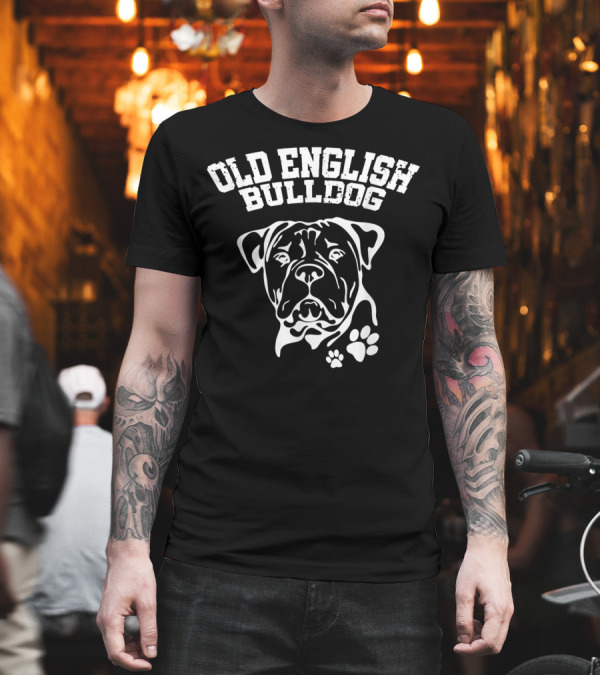 Old English Bulldog Illustration with Text and Paw Prints T-Shirt Old English Bulldog Illustration with Text and Paw Prints T-Shirt