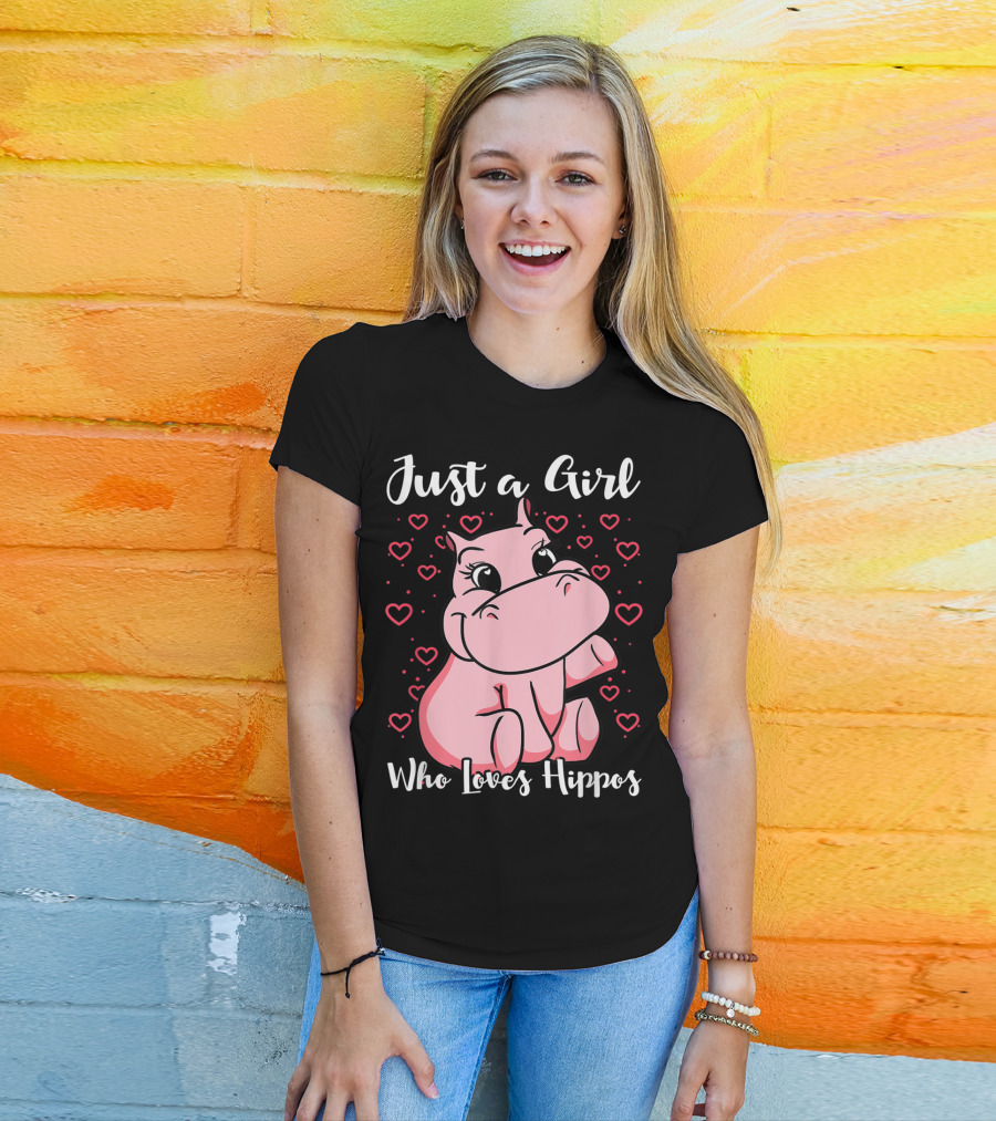 Just A Girl Who Loves Hippos Cute Animal Pink Hearts T-Shirt