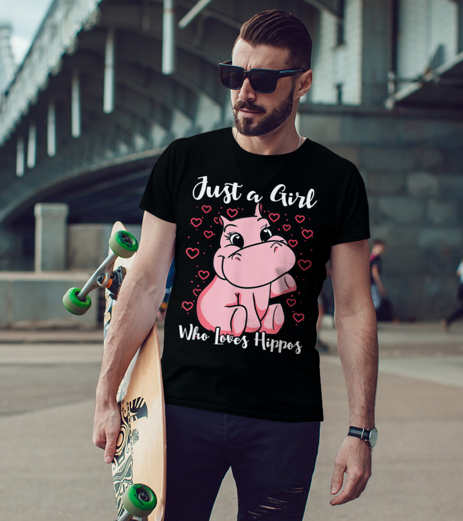 Just A Girl Who Loves Hippos Cute Animal Pink Hearts T-Shirt