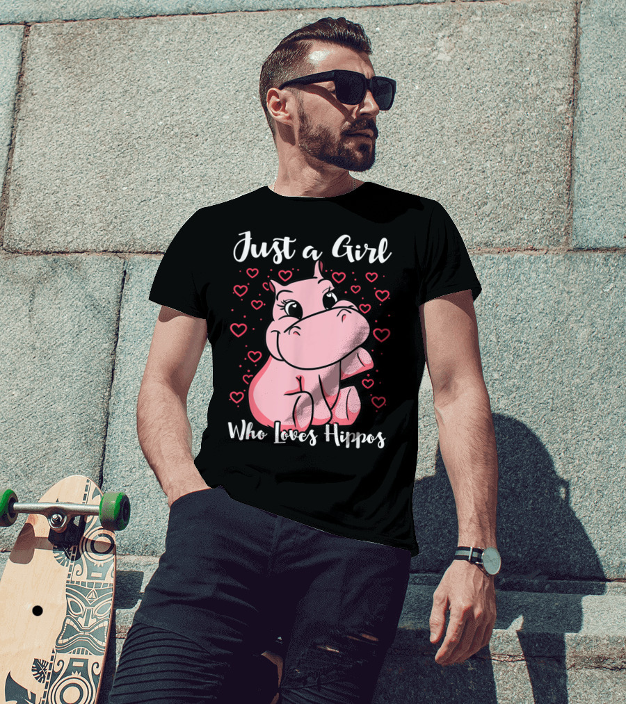 Just A Girl Who Loves Hippos Cute Animal Pink Hearts T-Shirt