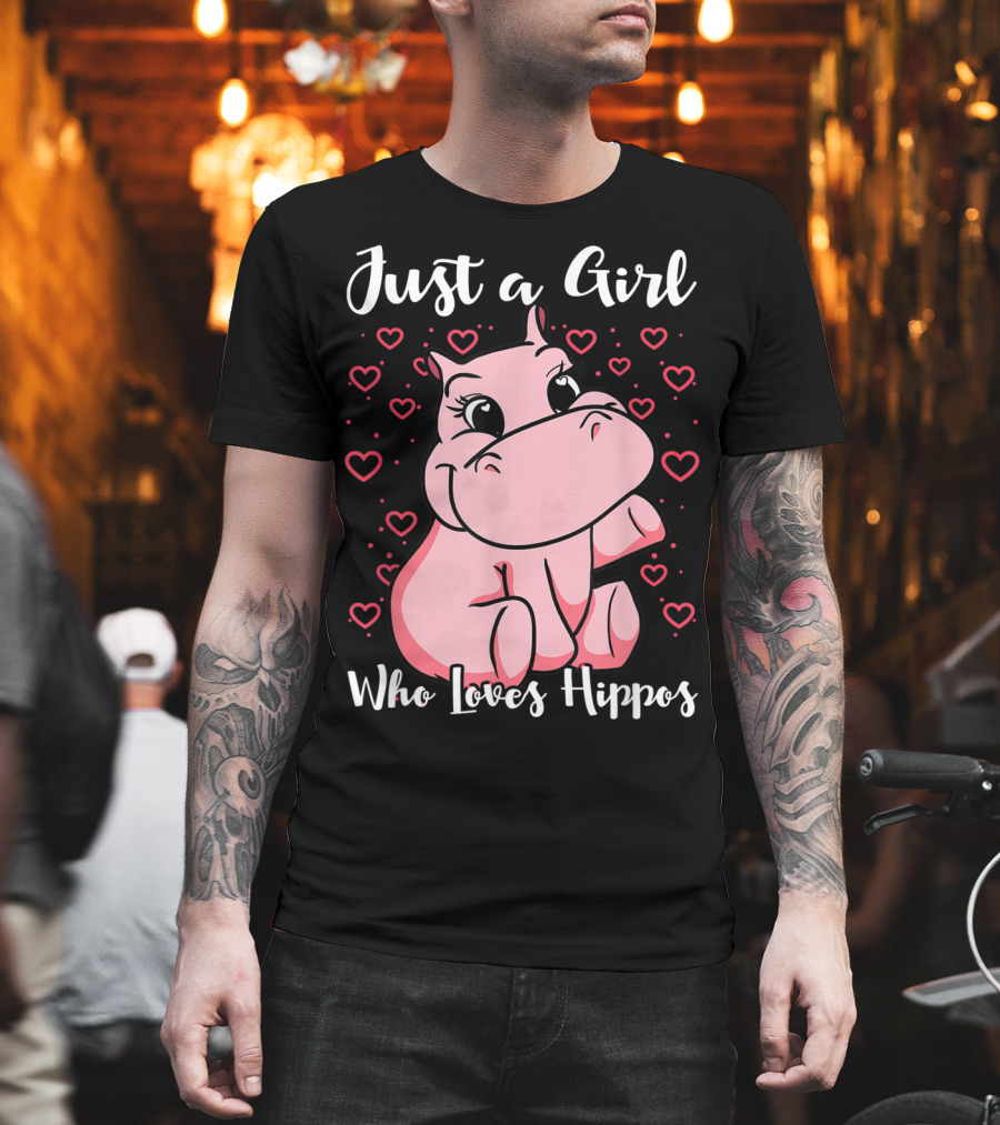 Just A Girl Who Loves Hippos Cute Animal Pink Hearts T-Shirt