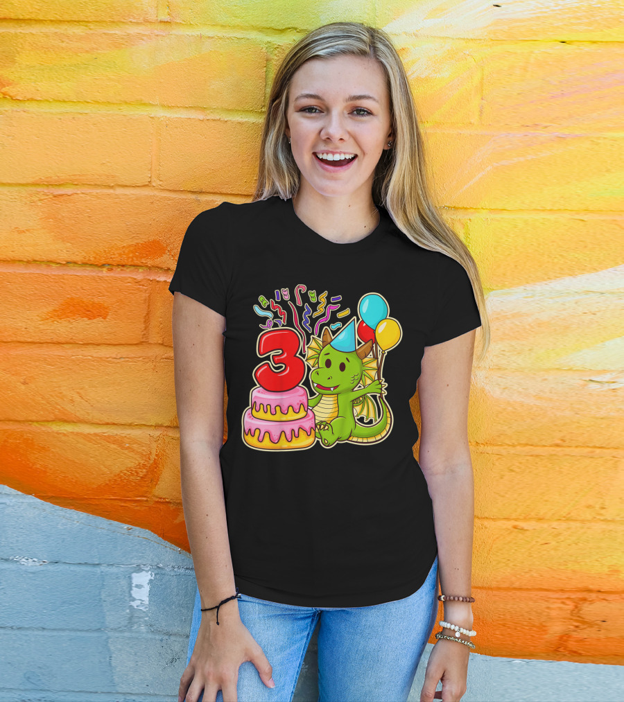 Kids 3rd Birthday Dragon Party Cake Balloons Confetti 3 Year Old T-Shirt