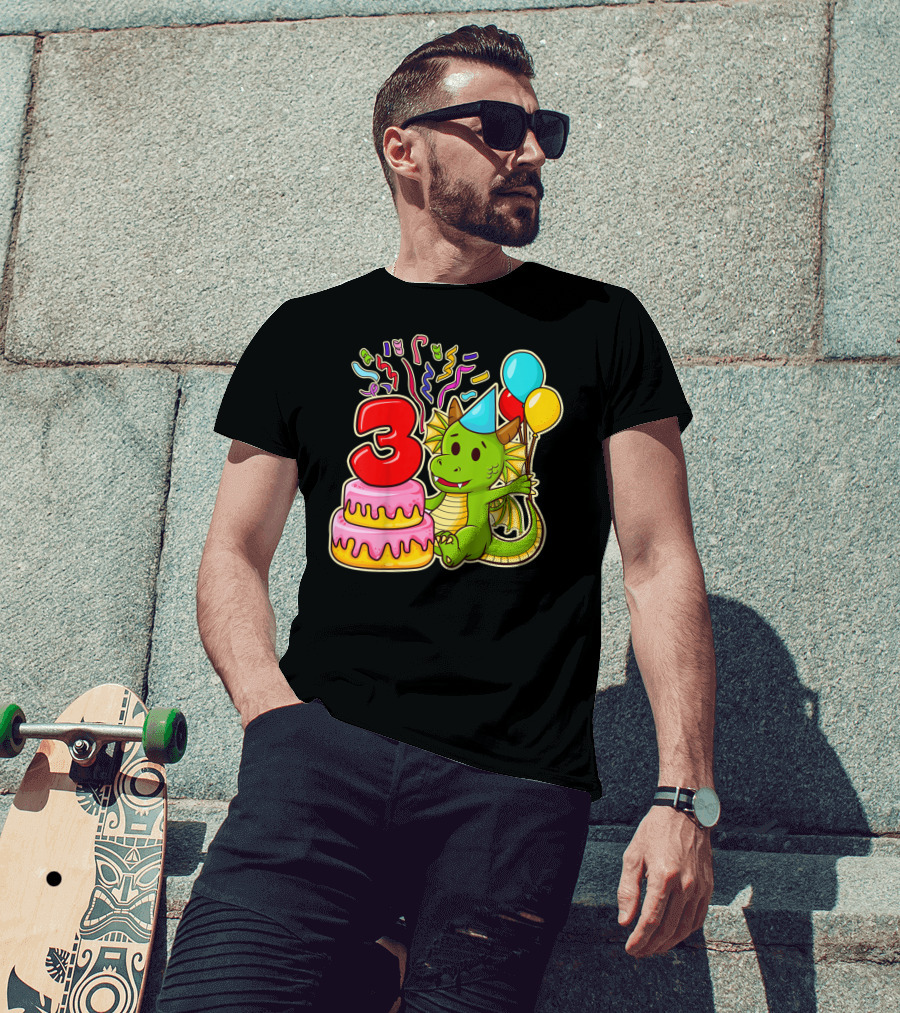 Kids 3rd Birthday Dragon Party Cake Balloons Confetti 3 Year Old T-Shirt