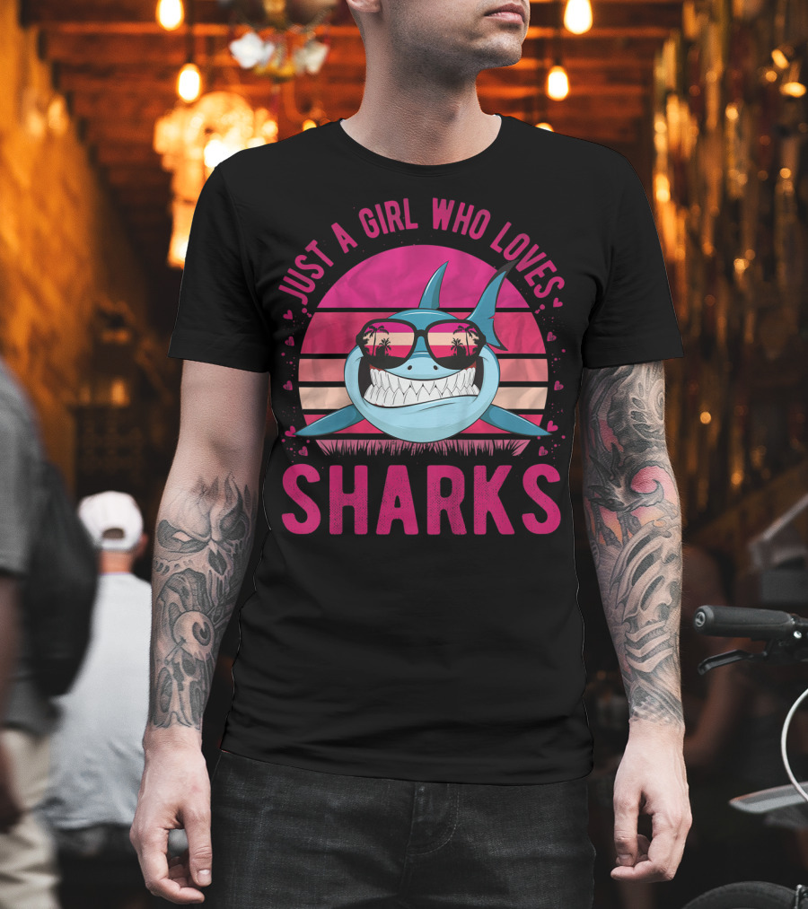 Just A Girl Who Loves Sharks Retro Sunset T-Shirt