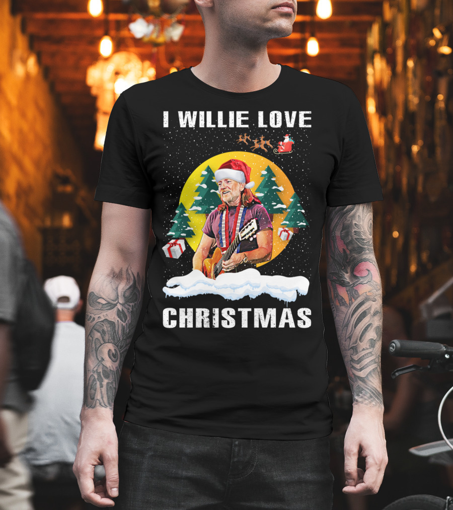 I Willie Love Christmas Santa Hat Guitar Snow Scene T-Shirt