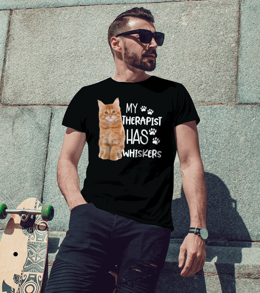 My Therapist Has Whiskers Funny Cat Lovers With Paw Prints And Orange Kitten T-Shirt