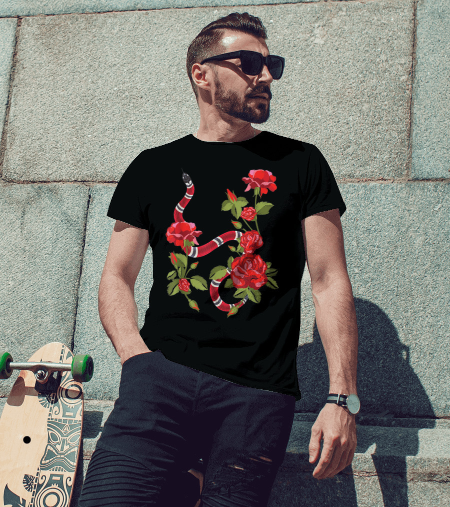 Royal Striped Snake And Flower Red Roses Botanical T-Shirt