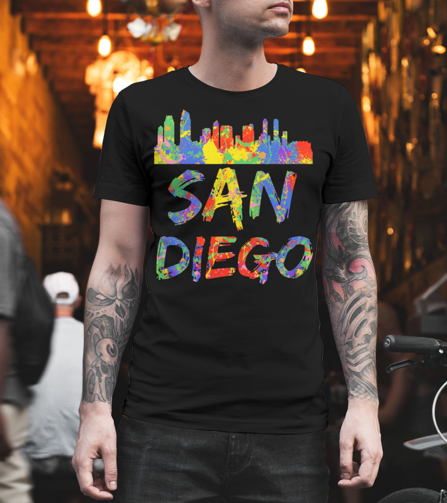 San Diego Rainbow Skyline Cali City Vibrant Text T-Shirt