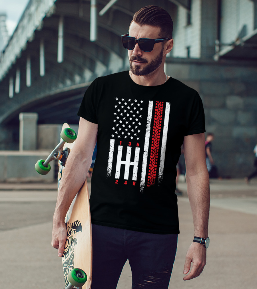 Shift Mechanic Gears American Flag Racing Tire Tracks T-Shirt