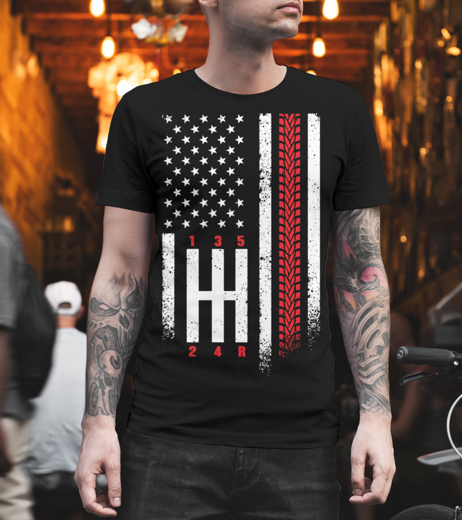 Shift Mechanic Gears American Flag Racing Tire Tracks T-Shirt