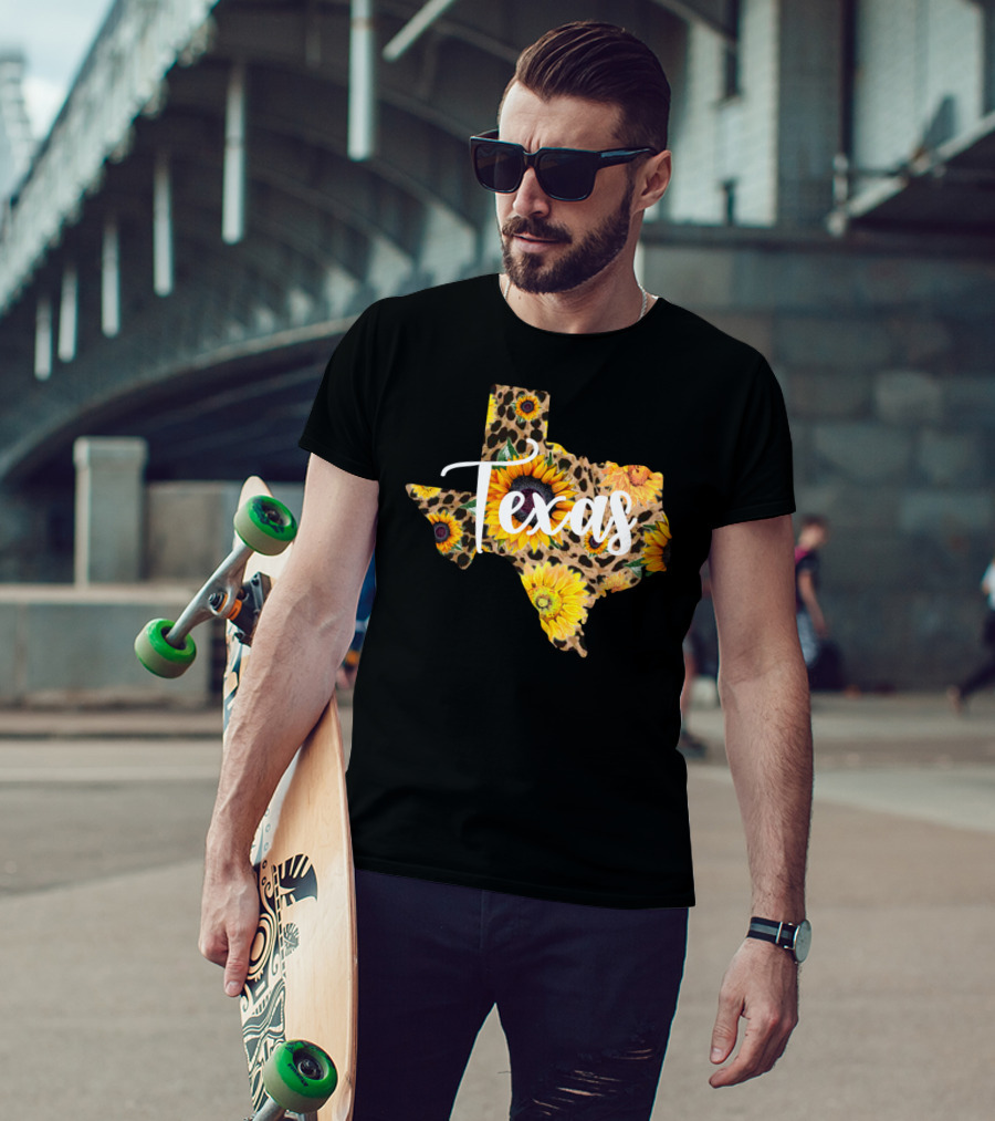 Texas Sunflower Leopard Print Wildflower State Map T-Shirt