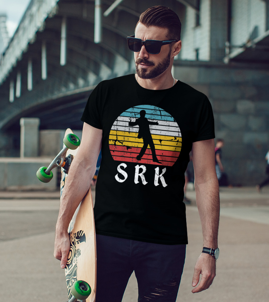 SRK Pose With Retro India Silhouette And Stripes T-Shirt