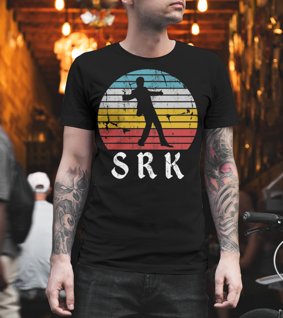 SRK Pose With Retro India Silhouette And Stripes T-Shirt