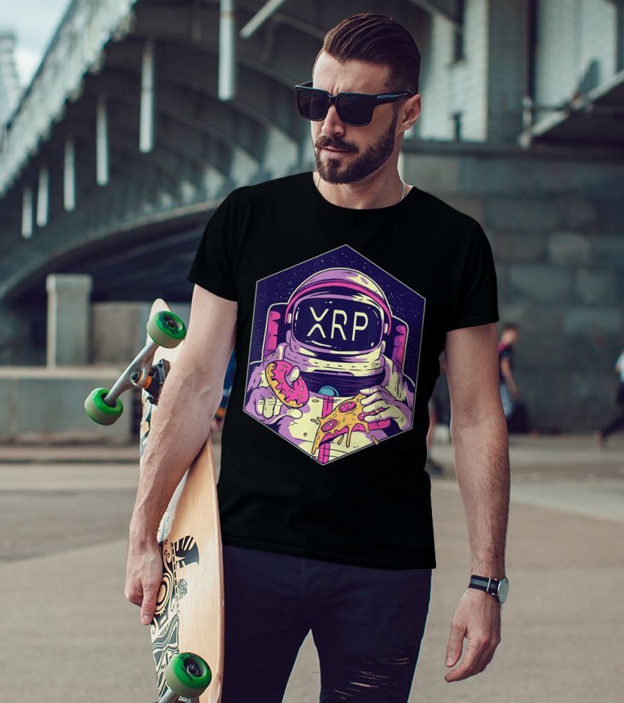 XRP Symbol Astronaut Eating Pizza And Donut Crypto Currency To The Moon T-Shirt