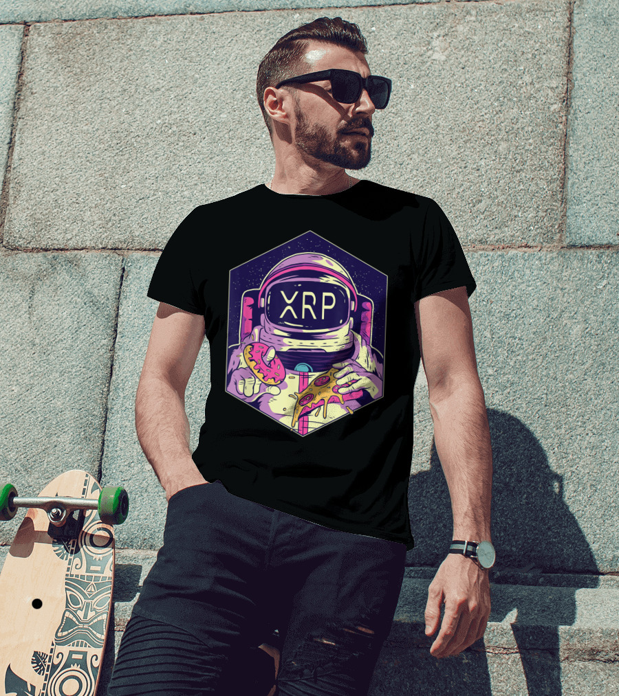 XRP Symbol Astronaut Eating Pizza And Donut Crypto Currency To The Moon T-Shirt