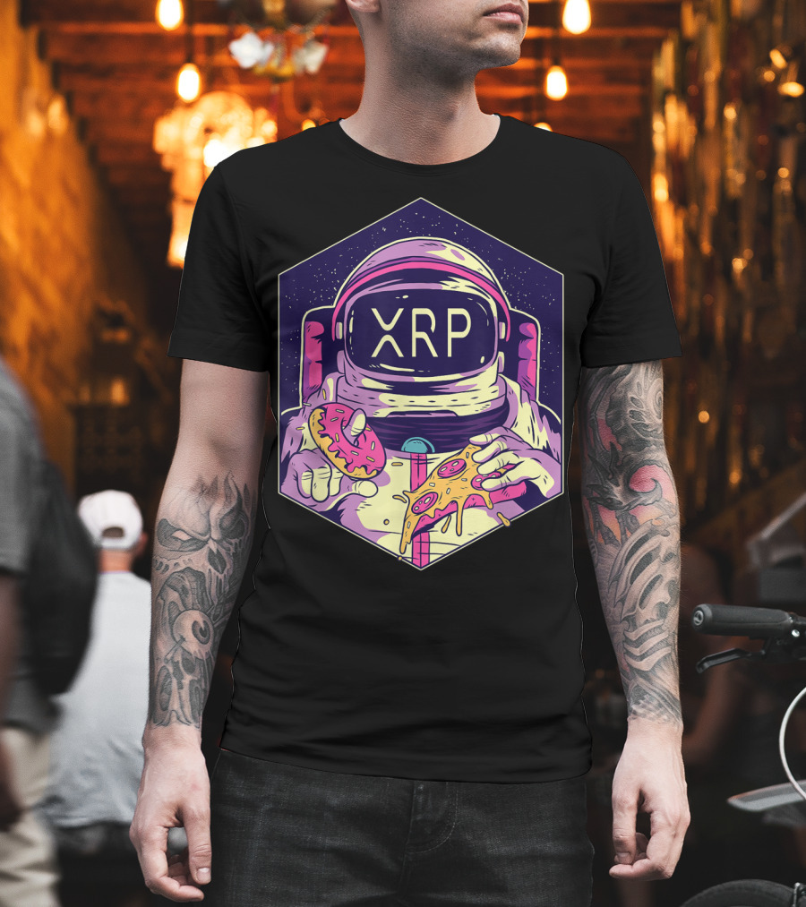 XRP Symbol Astronaut Eating Pizza and Donut Crypto Currency to the Moon T-Shirt