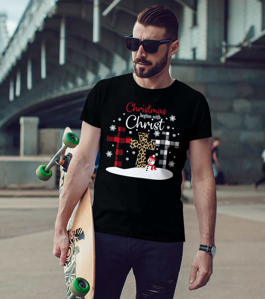 Christmas Begins With Christ Snowman And Patterned Crosses T-Shirt
