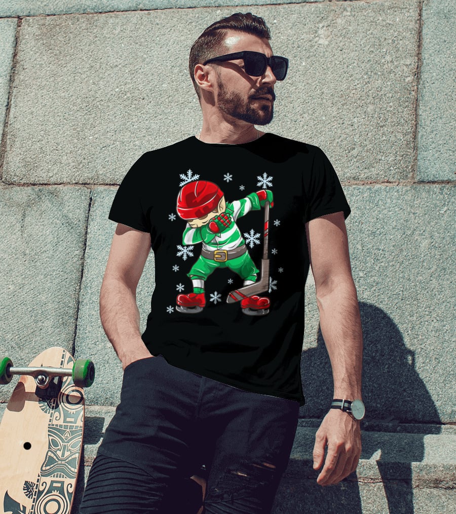 Christmas Elf Dabbing Ice Hockey Snowflake Squad T-Shirt
