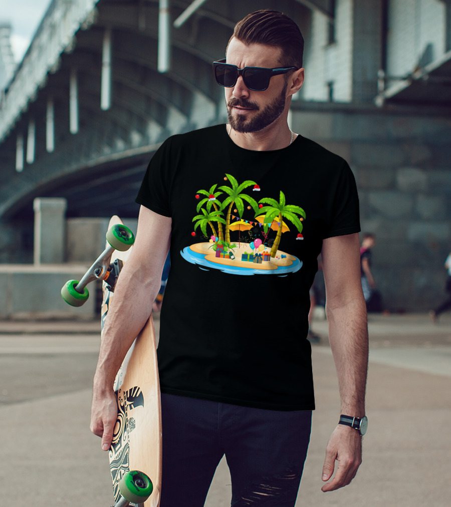Tropical Christmas Island With Palm Trees And Coconuts T-Shirt