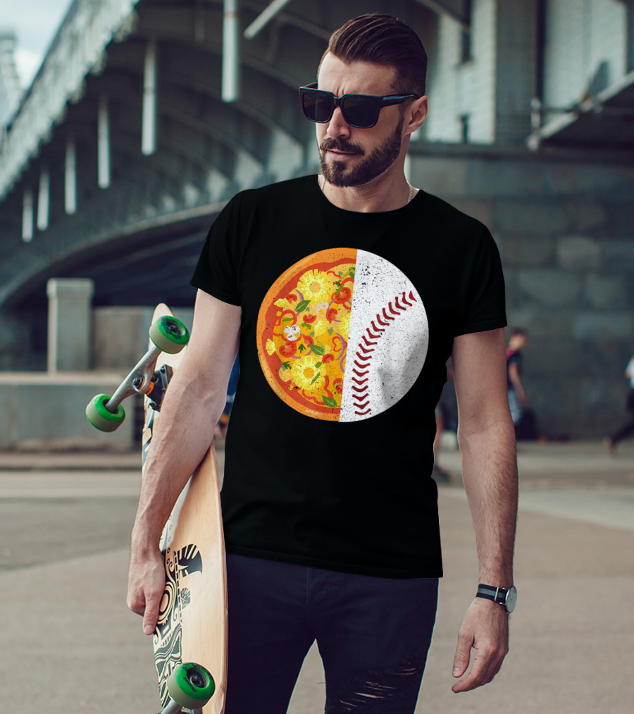 Funny Baseball Lover Eat Pizza Half Sport Pizza Baseball T-Shirt