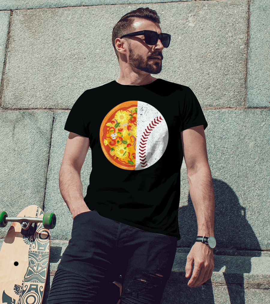 Funny Baseball Lover Eat Pizza Half Sport Pizza Baseball T-Shirt
