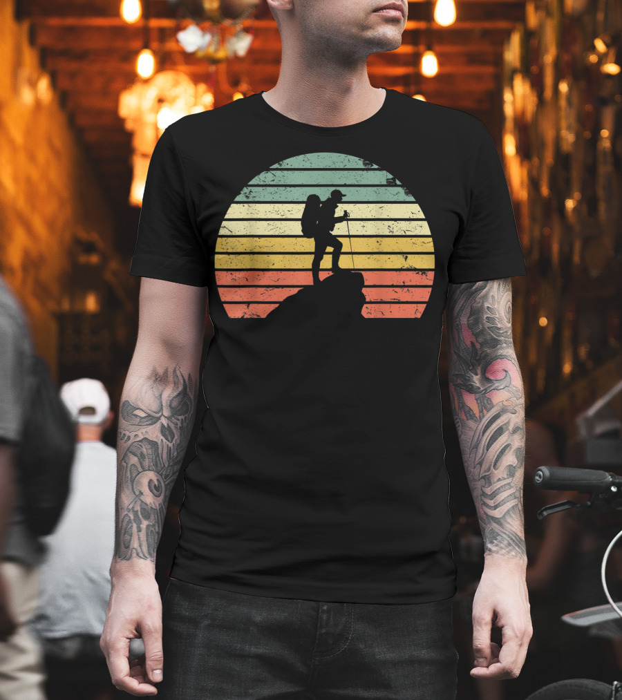 Retro Hiking Hiker Silhouette on Mountain Rock and Sunset Stripes T-Shirt