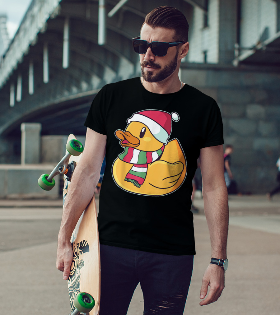 Xmas Rubber Ducky Duckie Duck With Santa Hat And Scarf T-Shirt