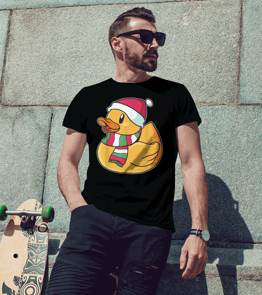 Xmas Rubber Ducky Duckie Duck With Santa Hat And Scarf T-Shirt