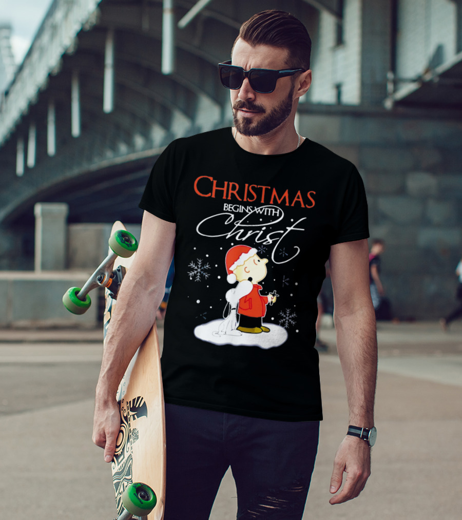 Christmas Begins With Christ Xmas Holiday Boy And Dog With Snowflakes T-Shirt