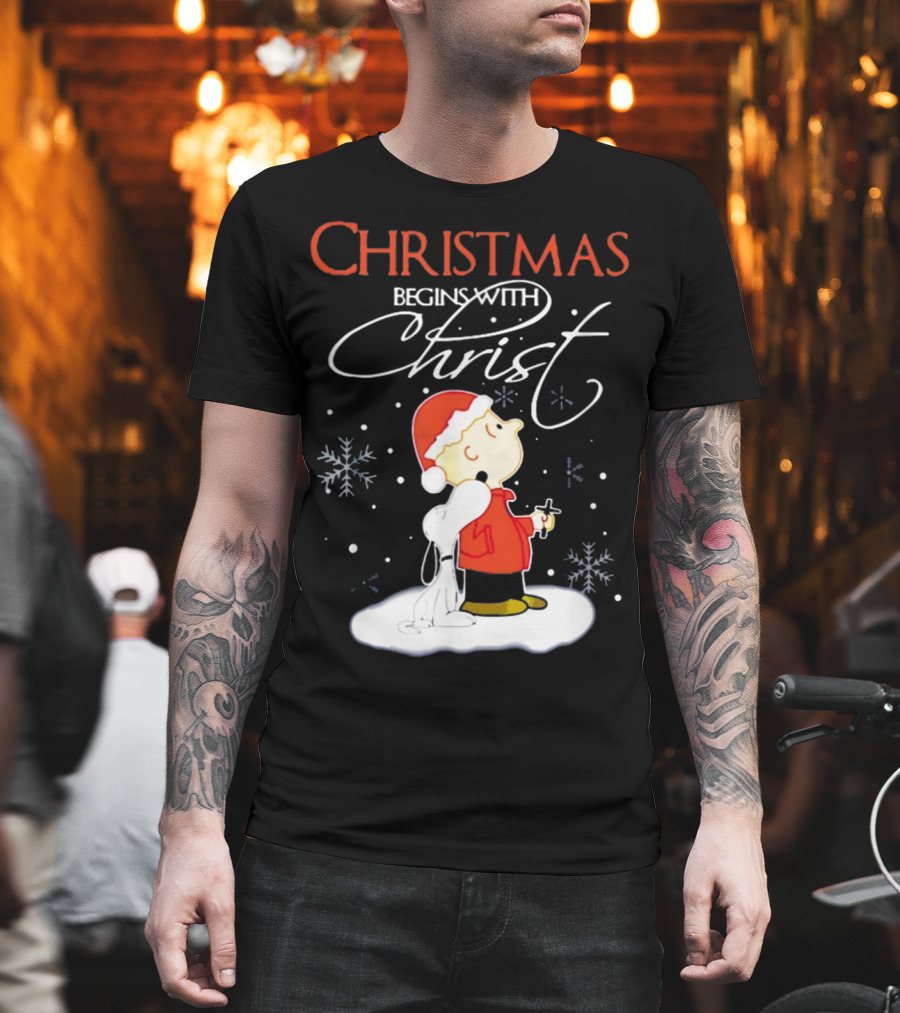 Christmas Begins With Christ Xmas Holiday Boy and Dog with Snowflakes T-Shirt