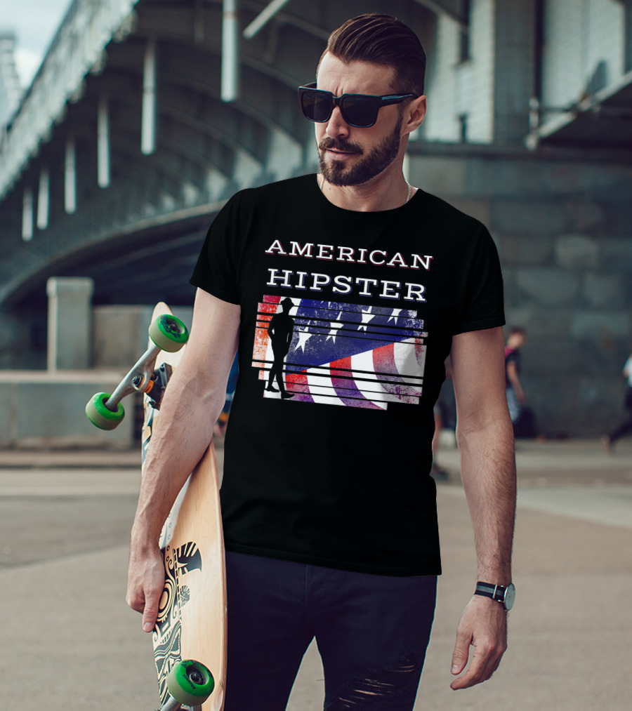 American Hipster Silhouette With Distressed US Flag Background T-Shirt