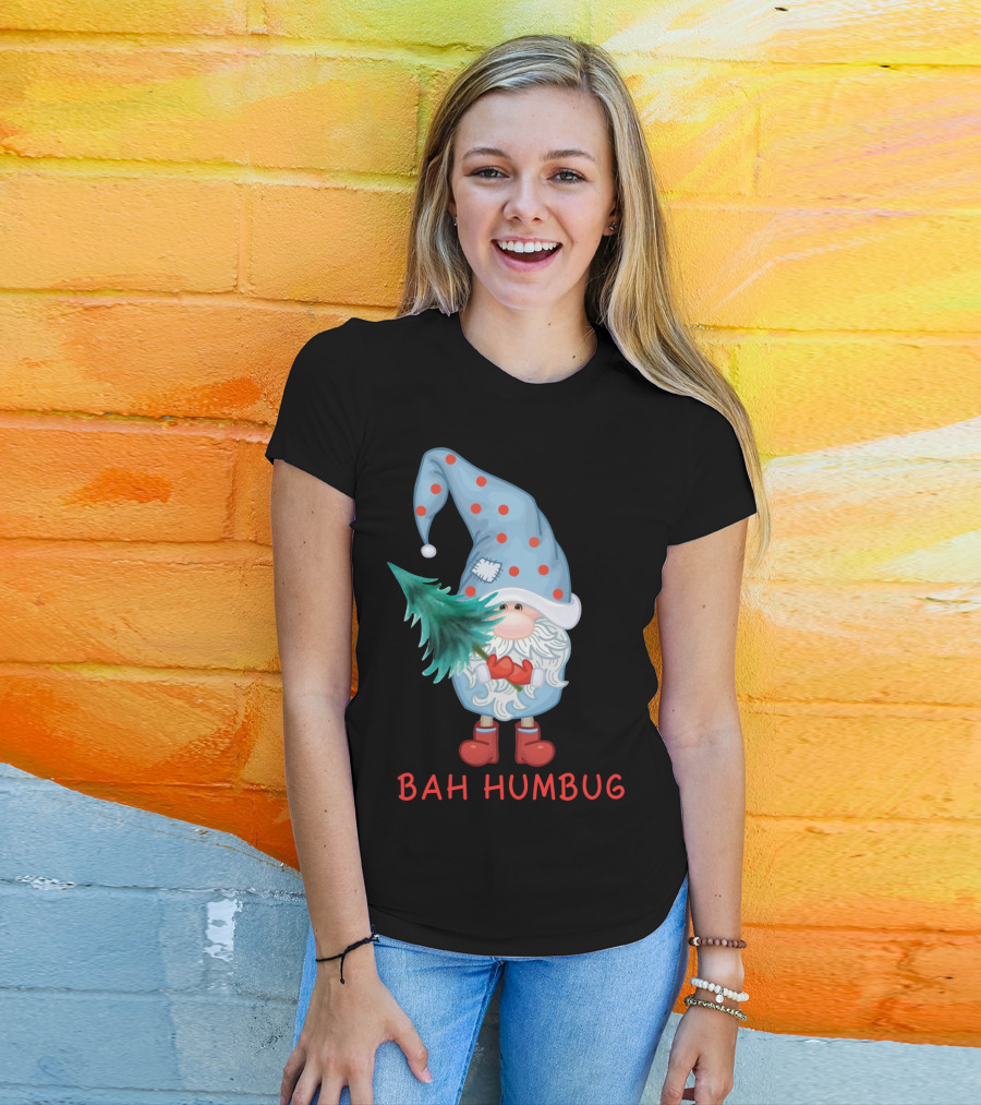 Bah Humbug Christmas Gnome With Festive Hat And Tree T-Shirt