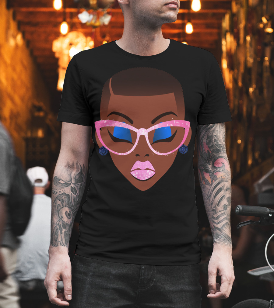 Beautiful Afro Black Girl With Natural Hair Pink Sparkle Glasses T-Shirt