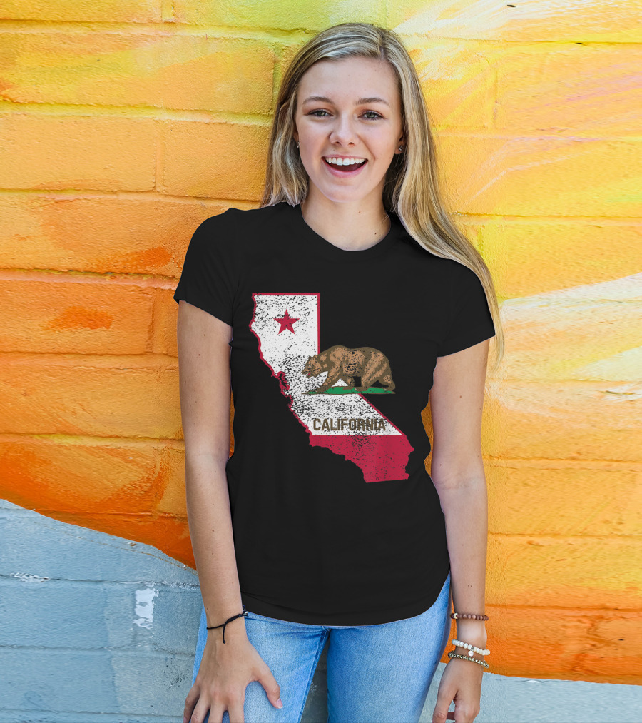 California Flag Bear And Star On State Outline T-Shirt