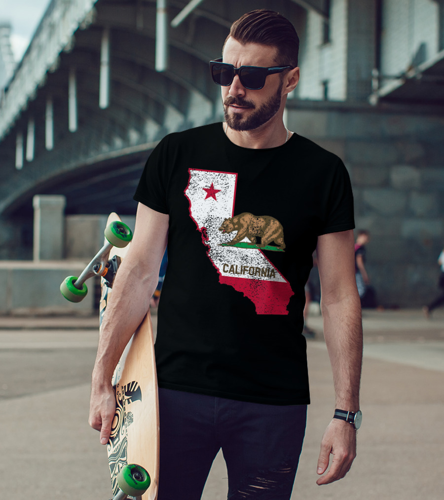 California Flag Bear And Star On State Outline T-Shirt