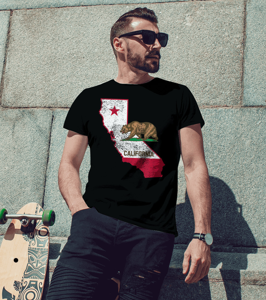California Flag Bear And Star On State Outline T-Shirt