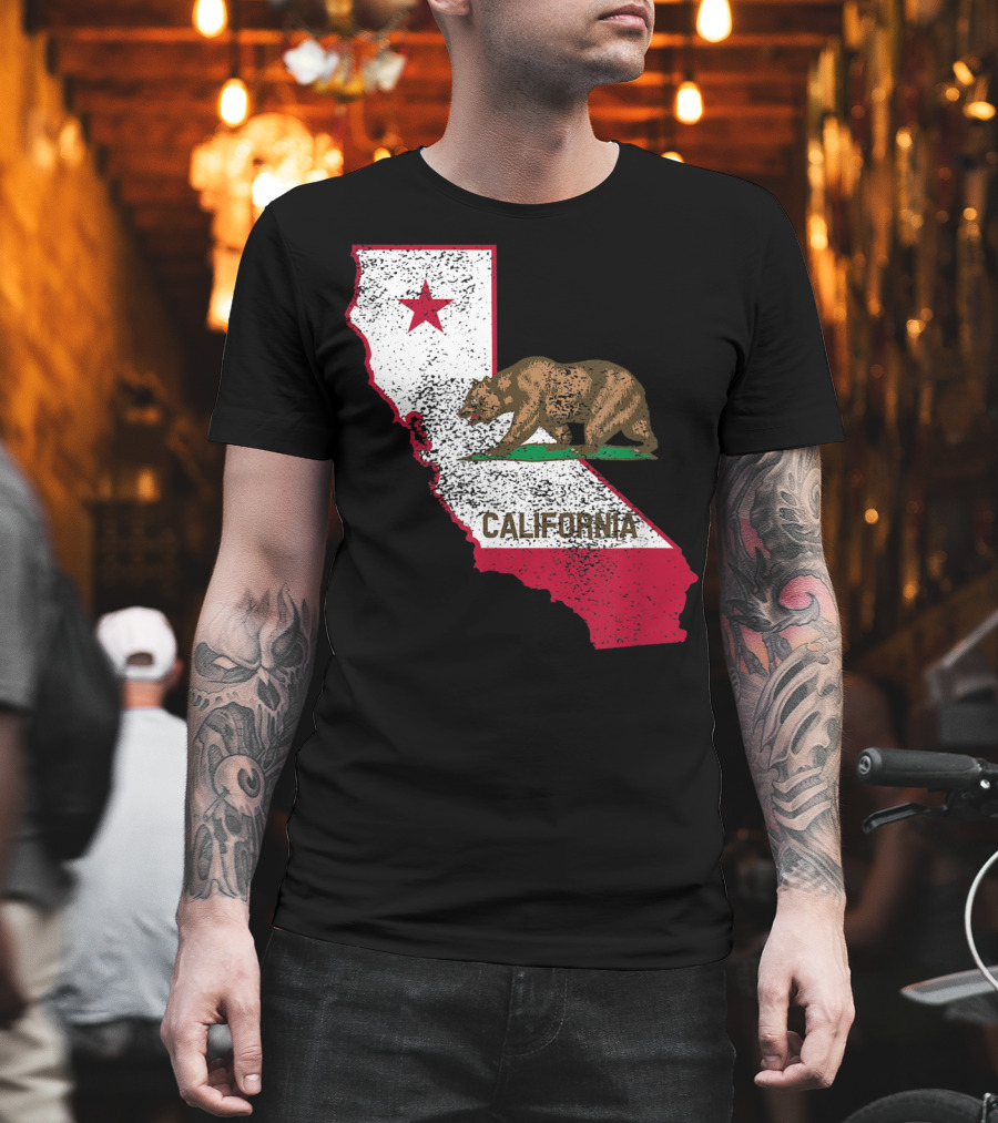 California Flag Bear And Star On State Outline T-Shirt