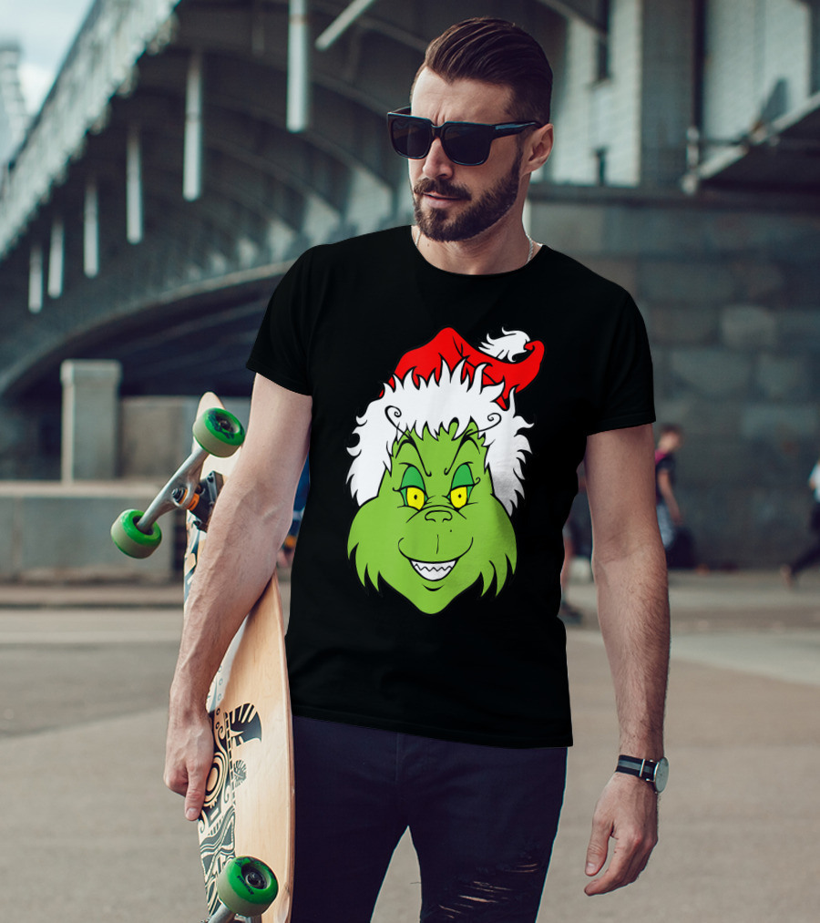 Grinch Christmas Face Santa Hat Smile T-Shirt