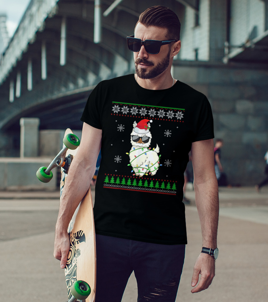 Santa Hat Sunglasses Llama Wrapped In Christmas Lights With Snowflakes And Trees T-Shirt